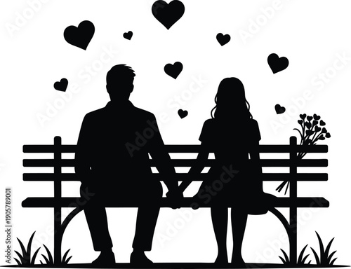 Loving couple holding hands on a park bench surrounded by floating hearts and a bouquet, representing lasting love and connection.