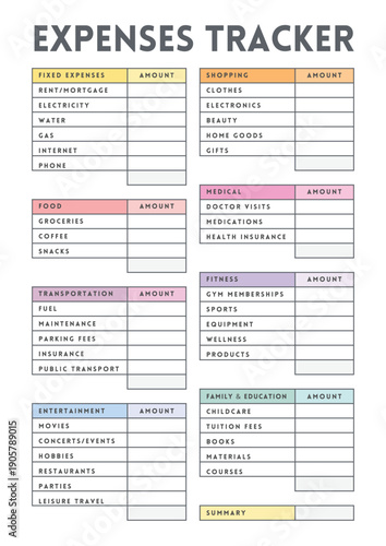 Expenses tracker financial document with categories and amounts