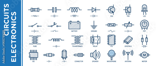 Professional Hand-Drawn Electronic Circuit Symbols and Component Icons Set Featuring Resistors, Capacitors, Diodes, Transistors, LEDs, Batteries, Fuses, Transformers, Antennas, and Motors.