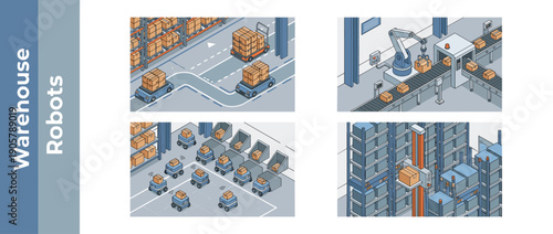 Set of isometric illustrations showing warehouse automation with robotic arms, automated guided vehicles, mobile sorting robots, and high-density storage retrieval systems for smart logistics.