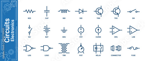 Collection of Electronic Circuit Symbols and Schematic Component Icons Including Resistor, Capacitor, Transistor, Diode, Logic Gates, Battery, and Switch for Electrical Engineering Blueprints.