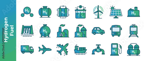 Hydrogen Fuel Icon Set: Green energy symbols featuring H2 storage, fuel cells, electrolyzers, wind turbines, solar panels, and hydrogen vehicles like cars, buses, trains, planes, and ships for