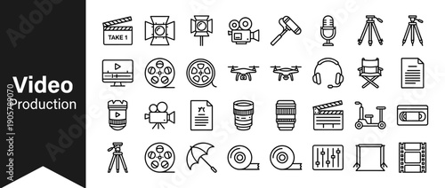 Video Production Icon Set Featuring Film Camera, Clapperboard, Studio Lighting, Tripod, Drone, Microphone, Film Reel, Director Chair, Lens, and Editing Equipment for Cinema and Media Creation.