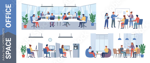 Modern Office Space Illustration Set Featuring Diverse Business Professionals Working in Open Plan Desks, Meeting Rooms, Private Cubicles, and Lounge Areas with Laptops and Office Furniture.