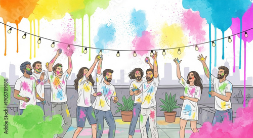 Diverse group of friends celebrating Holi festival with colorful powder on a rooftop joyful outdoor party with city skyline background