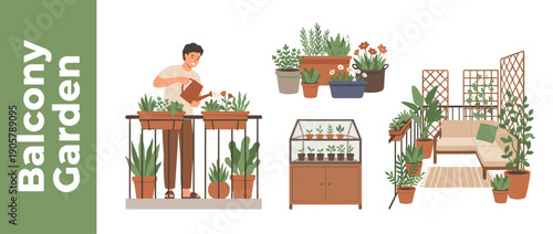 Balcony Garden Illustration Set Featuring a Man Watering Potted Plants, Urban Gardening Scenes with Terrace Furniture, Small Greenhouse, and Various Indoor and Outdoor Houseplants in Pots.