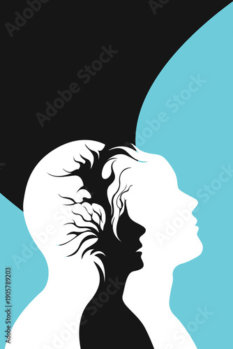 Cool surreal dual profiles man woman inner child tree brain, overthinking thoughts memories, minimalist mental health psychology abstract silhouette vector art