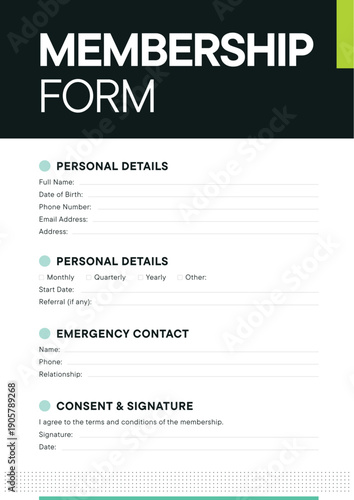 Membership form template for registration and consent