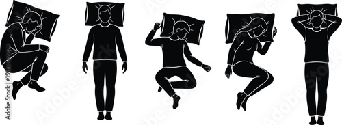 Sleeping people silhouette set bedtime rest sleep posture insomnia pillow night vector illustration collection design