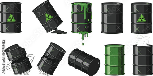Toxic waste barrels set radioactive hazard drums leaking chemical containers industrial pollution danger illustration isolated environmental warning collection