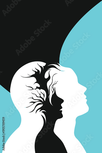Cool surreal dual profiles man woman inner child tree brain, overthinking thoughts memories, minimalist mental health psychology abstract silhouette vector art