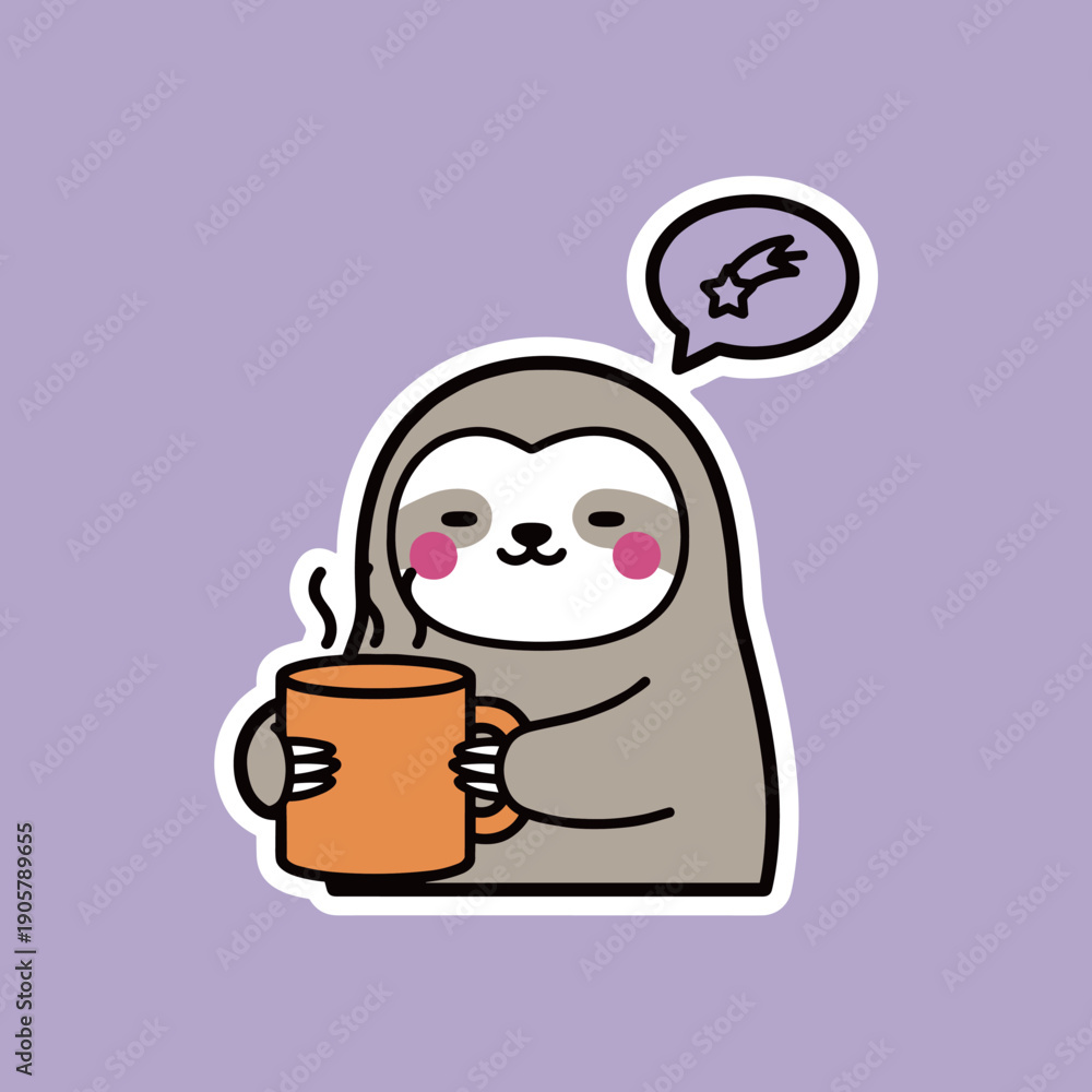 Obraz premium Cute Sloth Character Holding a Large Orange Coffee Mug and Thinking of a Shooting Star, Adorable Animal Sticker Illustration on Purple