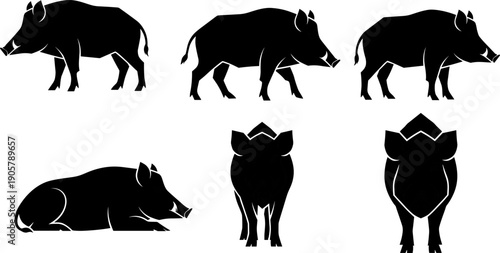 Wild boar silhouette set feral pig animal wildlife hunting vector illustration collection design