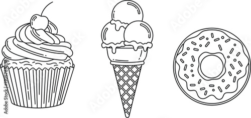 Simple black line art collection featuring a delicious cupcake with a cherry, a triple scoop ice cream cone, and a sprinkled donut design.