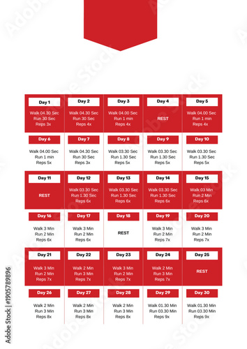 Run and walk exercise calendar training schedule with daily workouts and rest days