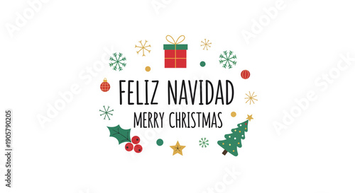 Holiday cheer expressed in both English and Spanish featuring festive Christmas elements