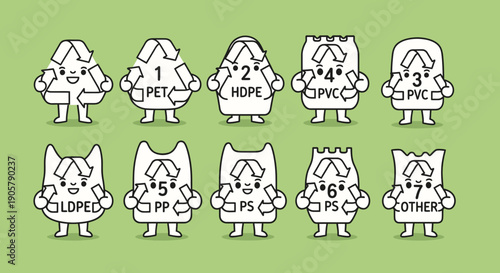 Illustrative plastic recycling symbols engaging characters promoting environmental awareness,