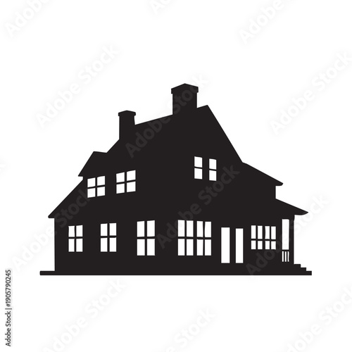 House silhouette vector design element. residential property icon. home outline with various window shapes. black house shape on white background. traditional dwelling building with roof and chimneys