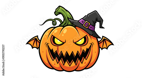 Menacing pumpkin with sinister grin wearing a witch's hat for halloween celebrations