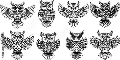 Black and white tribal style cartoon owl vector set with symmetrical wing spread and frontal perched poses
