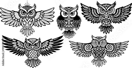 Black and white tribal style cartoon owl vector set with symmetrical wing spread and frontal perched poses
