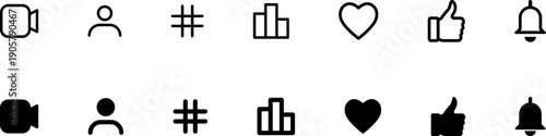 Like, love, thumbs up, comment, share, speech bubble, and arrow repost icon in line design solid & outline sign symbol. Social media icons set