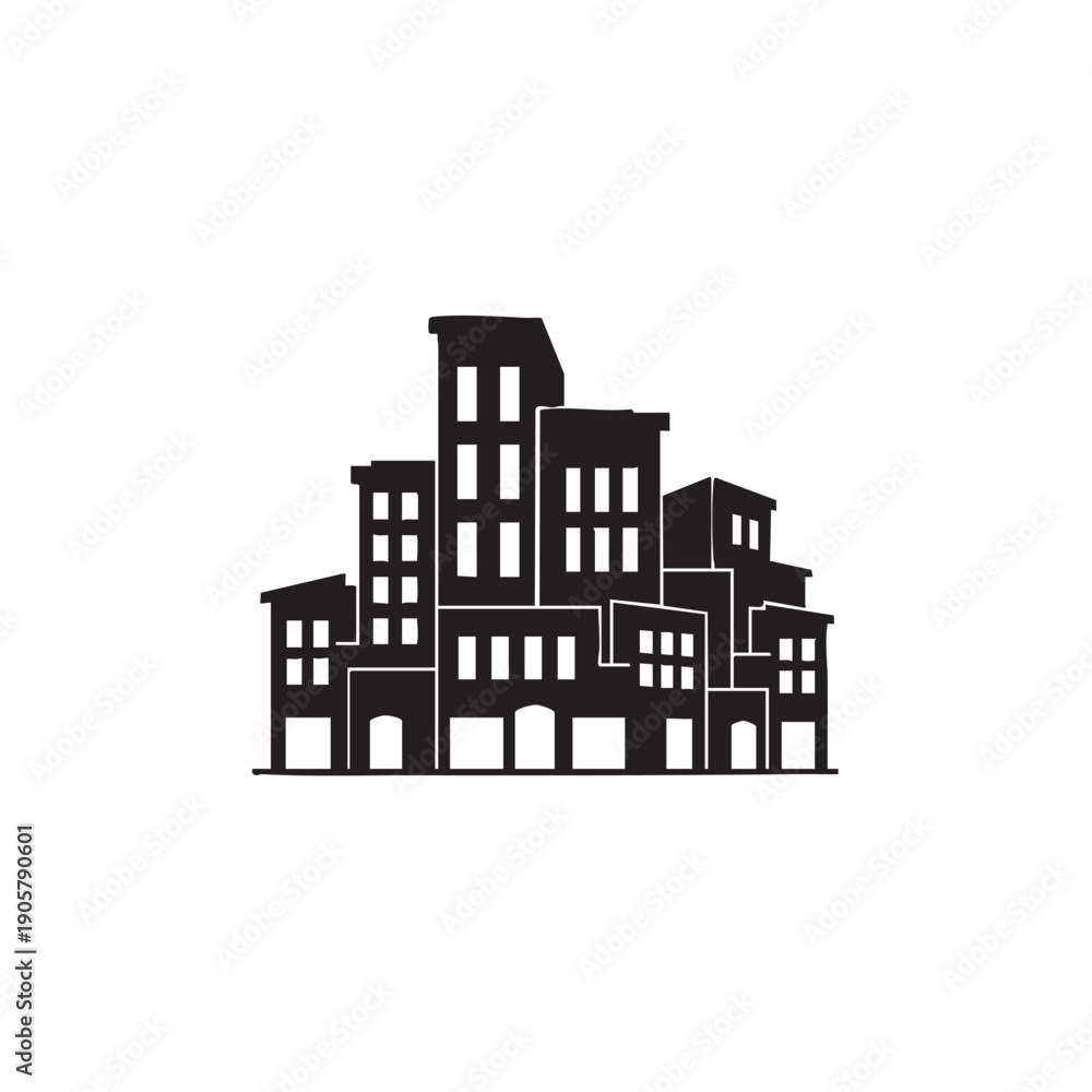 Obraz premium Black silhouette of a bustling city street with multiple interconnected buildings of various heights, featuring numerous windows and storefronts, creating an urban cityscape on a white background