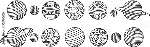 Black and white line art style illustration of stylized planets arrayed in two rows with different patterns and stripes
