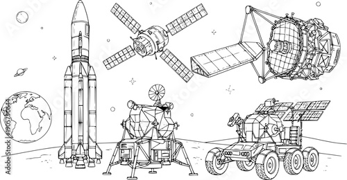 Detailed line art drawing of space exploration equipment including rocket, lunar module, rover, satellite, telescope with technical sketch style
