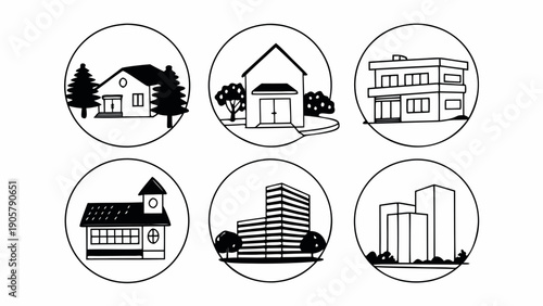 Modern homes and buildings in various styles and settings