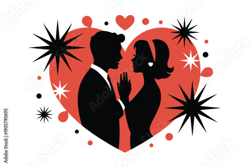 Romantic couple silhouetted against a vibrant heart and starbursts, celebrating love and connection.