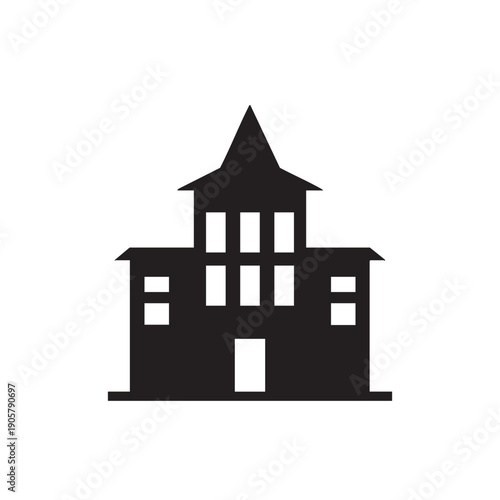 Black silhouette of a house or building with a prominent pointy roof, multiple windows across two stories, and a front door, depicted in a simple, flat design against a white background