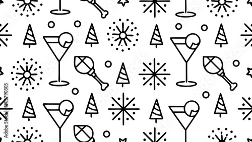 Seamless pattern featuring christmas trees snowflakes martini glasses and maracas in black and white style on transparent background silhouette