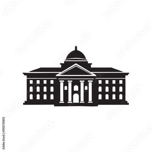 Government building silhouette vector illustration showing classical architecture with dome and columns for city hall courthouse or university campus isolated on white background for design projects