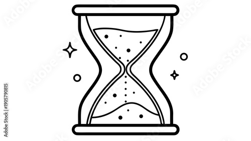 Outline drawing of an hourglass with sand flowing and stars and circles on either side of it on transparent background silhouette