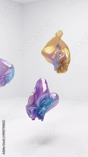 Abstract fluid shapes in motion reflecting iridescent colors in minimalist white space