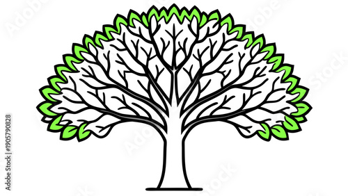 Illustration of a stylized tree with black branches and green leaves on a white background design art on transparent background silhouette