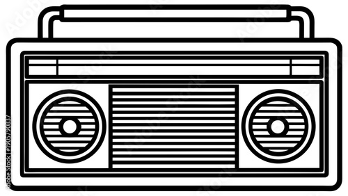 Illustration of a black and white boombox with speakers and a handle on top of the device on transparent background silhouette