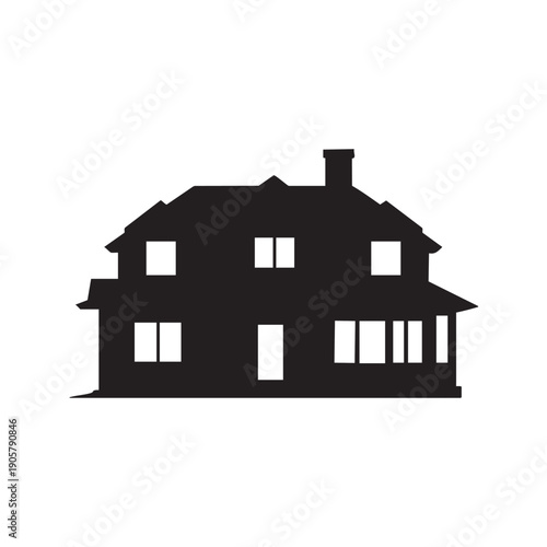Traditional house silhouette with pitched roof chimney windows and porch for residential home dwelling or suburban property architectural representation vector illustration