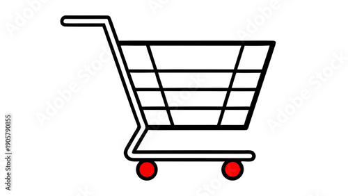 A simple black shopping cart with red wheels on a white background in a vector illustration on transparent background silhouette