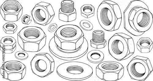 Black and white sketch of various nuts and washers circular hexagonal shapes technical illustration detailed line art drawing
