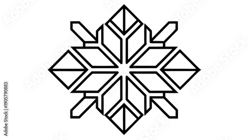 Geometric snowflake design with symmetrical diamond shapes and angular extensions in black outline art on transparent background silhouette