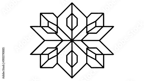 Geometric snowflake design with angular shapes and symmetrical line work in black and white color scheme on transparent background silhouette