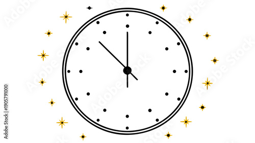 Illustration of a clock face showing almost midnight surrounded by starbursts on a white background on transparent background silhouette