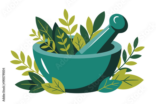 Mortar vector illustration with green leaves and pestle for herbal medicine