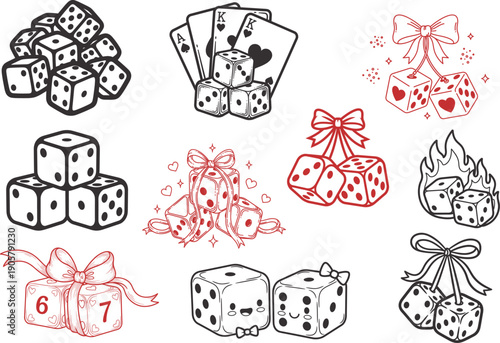 Dice Illustration Collection Gambling Luck Casino Game Line Art Vector Set for Sticker Tshirt Print and Creative Design
