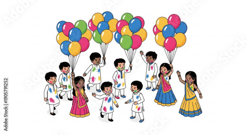 Children celebrating Holi festival with colorful balloons festive Indian cultural event illustration isolated on white background