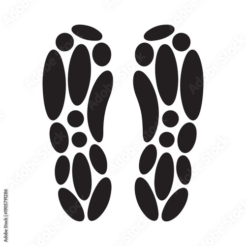 Black and white illustration depicting two footprints with unique bubble like sole patterns