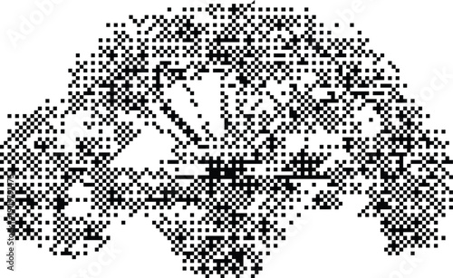 Abstract dithered pixel art design with retro lo-fi glitch aesthetic and symmetrical digital embroidery texture on white background