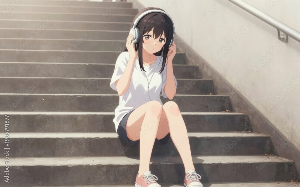 Fototapeta premium Young woman with dark hair wearing headphones sitting on outdoor steps in a peaceful urban setting